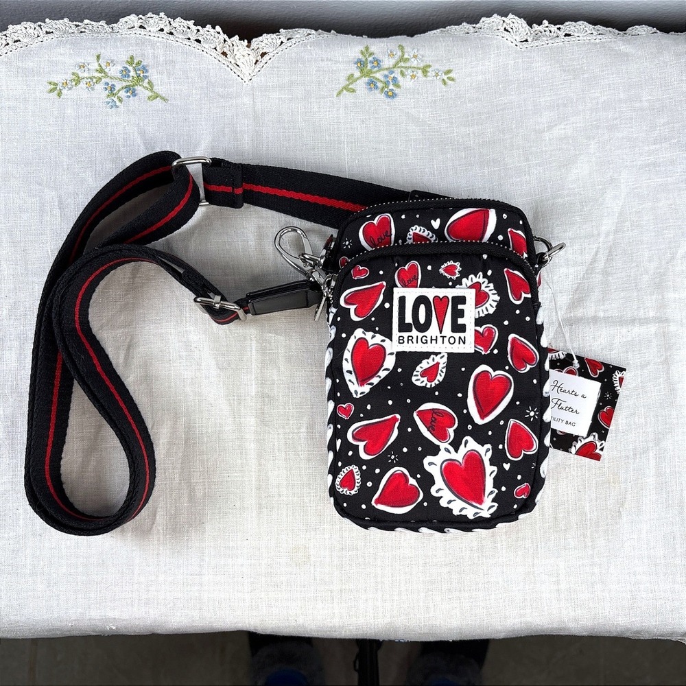 Brighton Hearts a Flutter Utility Bag Black Red Heart Crossbody NEW